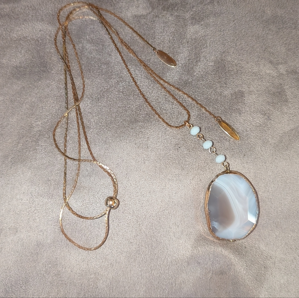 Blue Lace Agate Pendant On Gold Adjustable Chain - Picture 2 of 4